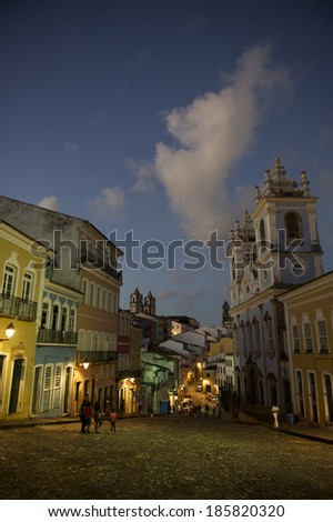 Historic city center of Pelourinho Salvador da Bahia Brazil features colonial buildings and cobblestone streets in a night view