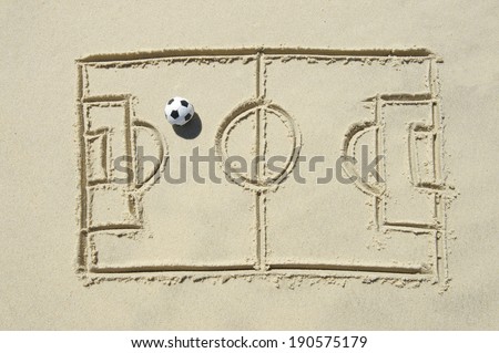 Simple line drawing of football pitch with soccer ball in sand on Brazilian beach Rio de Janeiro
