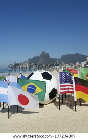 International football country flags with soccer ball on Ipanema beach in Rio de Janeiro Brazil
