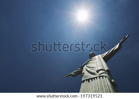 RIO DE JANEIRO, BRAZIL - OCTOBER 20, 2013: Close-up of the statue of Christ the Redeemer at Corcovado Mountain standing against blue sky.