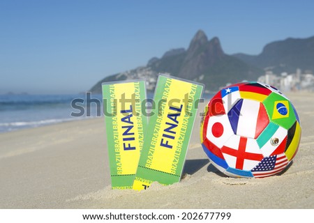 Final tickets with with international flag team football Ipanema Beach Rio de Janeiro Brazil