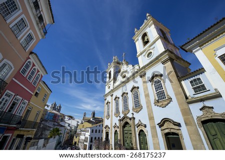 Pelourinho Salvador da Bahia Brazil historic city center skyline of colorful colonial buildings under bright blue skies