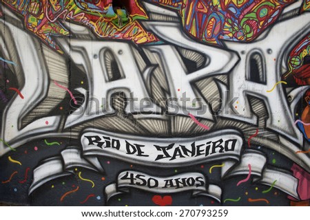 RIO DE JANEIRO, BRAZIL - MARCH 6, 2015: Street art in graffiti tag writing depicts a sign for Lapa, the popular nightlife destination in Centro.