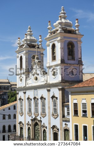 Pelourinho Salvador da Bahia Brazil historic colonial church architecture of the Church of Our Lady of the Rosary of the Blacks under bright blue skies