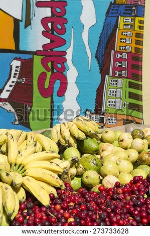 SALVADOR, BRAZIL - MARCH 13, 2015: Beach kanga featuring local landmarks hangs in front of tropical fruit stand in Pelourhino.