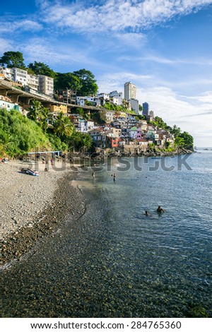 Colorful hillside favela architecture of the Solar do Unhao community overlooking the Bay of All Saints in Salvador Bahia Brazil