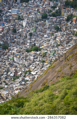 View of crowded Brazilian Rocinha favela shanty town from the Two Brothers Mountain in Rio de Janeiro Brazil