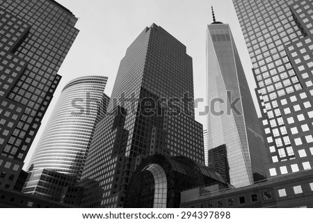 NEW YORK CITY, USA - JULY 05, 2015: Downtown Manhattan skyline featuring the World Financial Center (Brookfield Place) and One World Trade Center (Freedom Tower) in black and white monochrome.