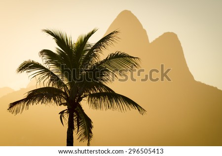 Single palm tree in front of the iconic silhouette of Two Brothers Dois Irmaos Mountain Rio de Janeiro in golden sunset light