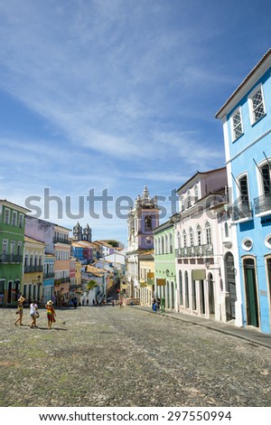 Historic city center of Pelourinho Salvador da Bahia Brazil features colorful skyline of colonial architecture on a broad cobblestone hill