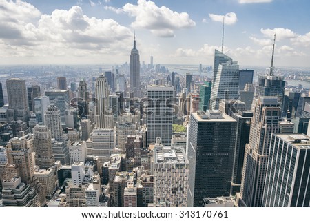 View of the Midtown Manhattan New York City skyline on a bright summer afternoon