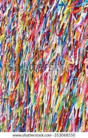 Wall of colorful Brazilian wish ribbons from the famous Church of Bonfim in Salvador, Bahia Brazil