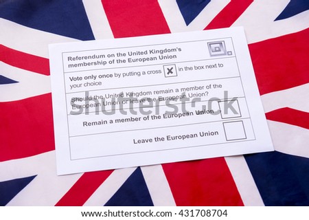 Voting ballot for the referendum on the United Kingdom's membership of the European Union leave or remain on a Union Jack British flag background