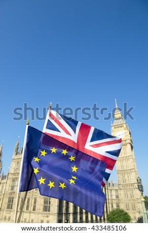 European Union and British Union Jack flag flying in front of Big Ben and the Houses of Parliament at Westminster Palace, London, in preparation for the Brexit EU referendum