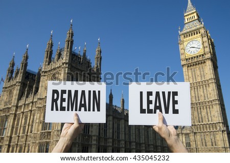 Hands holding leave and remain signs for the referendum on the United Kingdom\'s membership of the European Union Brexit campaign in front of Houses of Parliament at Westminster Palace, London