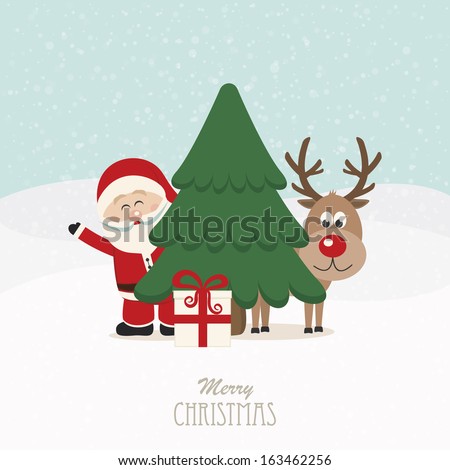 Santa And Reindeer Behind Christmas Tree Snowy Background