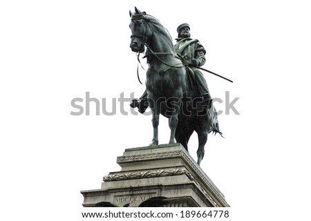 Huge statue of Garibaldi on horse in Milan under rain isolated on white background