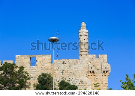 The round tower of King David at the old city walls of Jerusalem