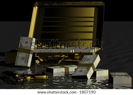 gold brief case with money and guns