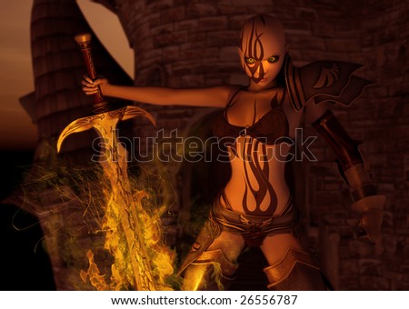female fire warrior with flaming sword