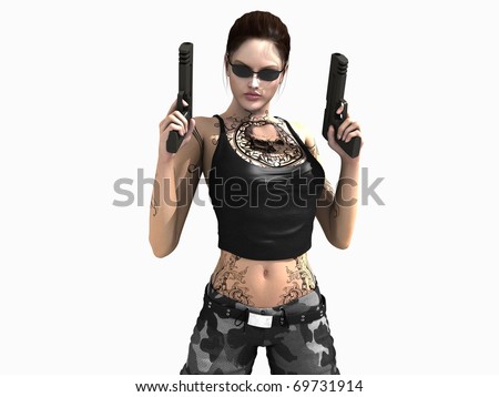 stock-photo-woman-soldier-holding-two-gu