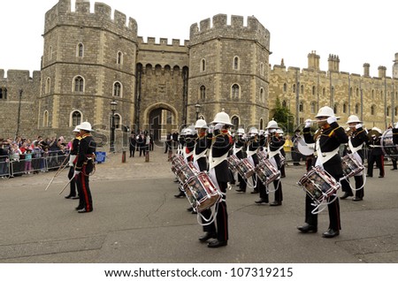 WINDSOR, BERKSHIRE, ENGLAND - MAY 19: Royal Marines band outside Windsor Castle on Queens Diamond Jubilee Great Parade on May 19, 2012 in Windsor, Berkshire, England.