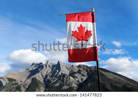 Canadian flag in front of Mount Inglismaldie at Lake Minnewanka Banff National Park Alberta Canada