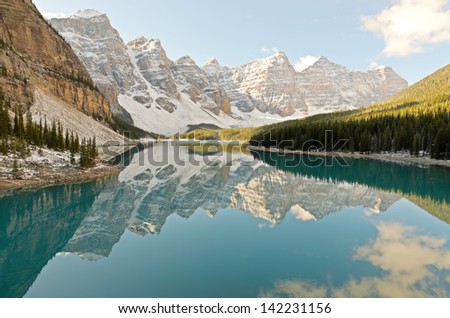 Mountains reflected in Moraine Lake Banff National Park Alberta Canada
