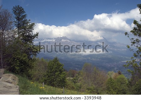 View of Mont Blanc mountain range and Chamonix - landscape orientation