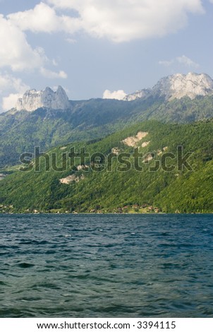 View of mountains from Lake Annecy France - portrait orientation