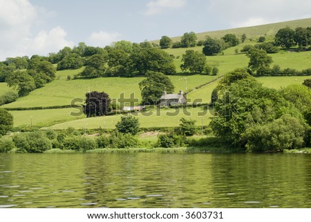 View across farmland in Wales from Lake Bala - landscape orientation