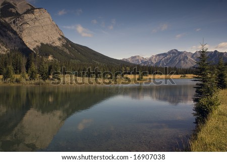 Cascade Pond in August in Banff National Park Canada with Canadian Rockies in the background