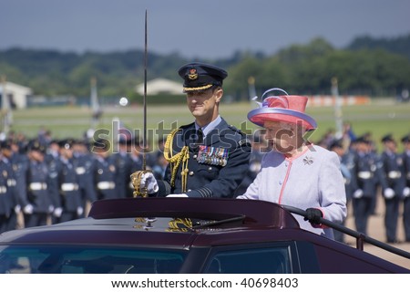 RAF FAIRFORD GLOUCESTERSHIRE, UK - JULY 11: Queen Elizabeth II presents the new Queens Colours to the RAF Regiment on July 11, 2008 in Gloucestershire, UK.