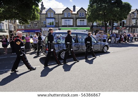 BUXTON UK - JUNE 21: Funeral cortege of Royal Marine Scott Gregory Taylor killed during duty in Afghanistan, June 21, 2010 in Buxton, UK.