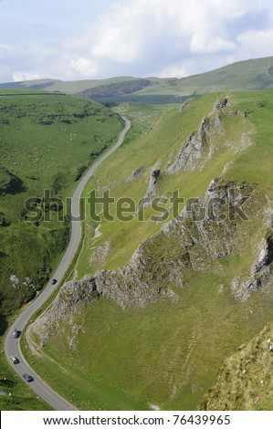 View of Hope Valley from Winnats Pass near Castleton in the Peak District National Park Derbyshire England