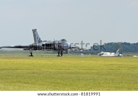 WADDINGTON, ENGLAND, UK - JULY 3: Last flying Avro Vulcan B.2 XH558 cold war bomber at Waddington International Air Show on July 3, 2011 in Waddington, England, UK.