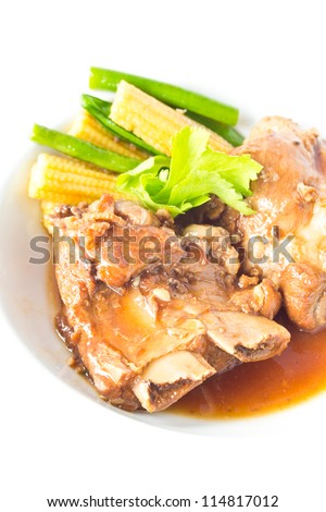 bake pork lips with vagetable, chinese cooking style on white background