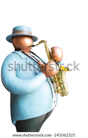 Fat human toy playing Jazz saxophone instument on white background isolated