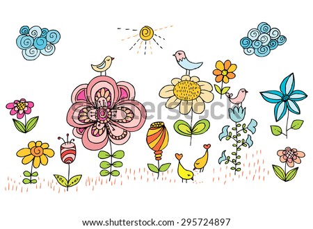 Children drawing of flowers and birds. Colorful vector image with shining sun, sky clouds and floral pattern.