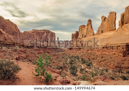 Cloudy Sky over Park Avenue at Sunset at Arches National Park, Utah