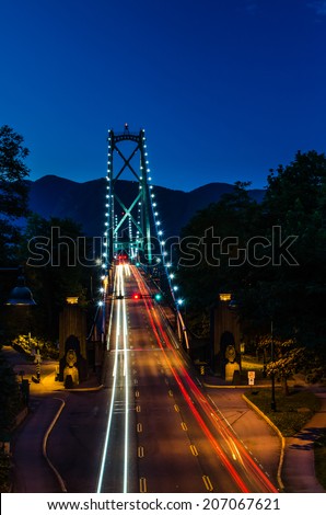 Lions Gate Bridge at Night with Light Trails Left by Passing Cars