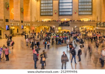 New York, USA - December 28, 2014: Main Concourse of Grand Central Terminal crowded with people during the Christmas Holidays. GCT is the largest station in the world by number of platforms with 44.