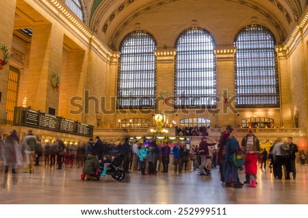 New York, USA - December 28, 2014: Main Concourse of Grand Central Terminal crowded with people during the Christmas Holidays. GCT is the largest station in the world by number of platforms with 44.
