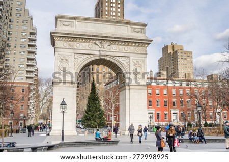 New York, USA - December 30, 2014: The south face of Washington Square Arch. It was built in 1892 in Washington Square Park to celebrate the centennial of Washington\'s inauguration as President.