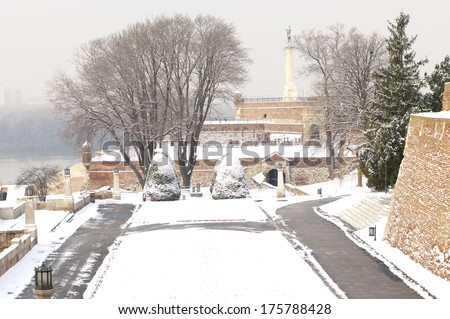 Winter scene in the park at Kalemegdan fortress in Belgrade, Serbia