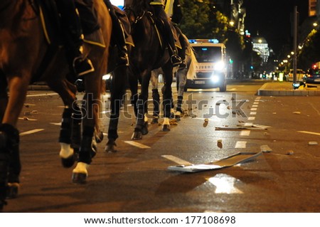 SERBIA, BELGRADE - MAY 29, 2011: Image of police riot horses during violent demonstrations