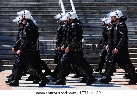 SERBIA, BELGRADE - APRIL 29, 2012: Soldiers of the Serbian police (MUP) elite units, the Gendarmerie, standing in line marking Gendarmerie day