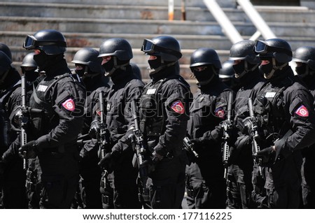SERBIA, BELGRADE - APRIL 29, 2012: Soldiers of the Serbian police (MUP) elite units, the Gendarmerie, standing in line marking Gendarmerie day