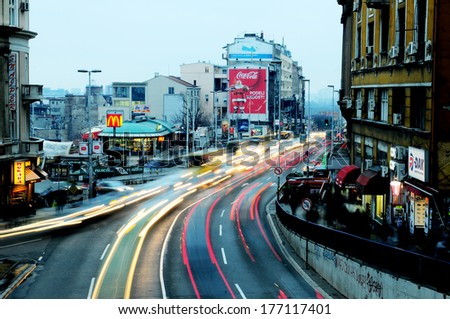 SERBIA, BELGRADE - DECEMBER 20, 2012: Motion blur image of car lights during rush hour at the exit of Terazije tunnel in Belgrade, Serbia