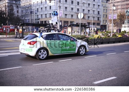 SERBIA, BELGRADE - OCTOBER 25, 2013: A Google Street View vehicle used for mapping streets throughout the world drives through the city center of Belgrade. Google Street View started in May 2007.